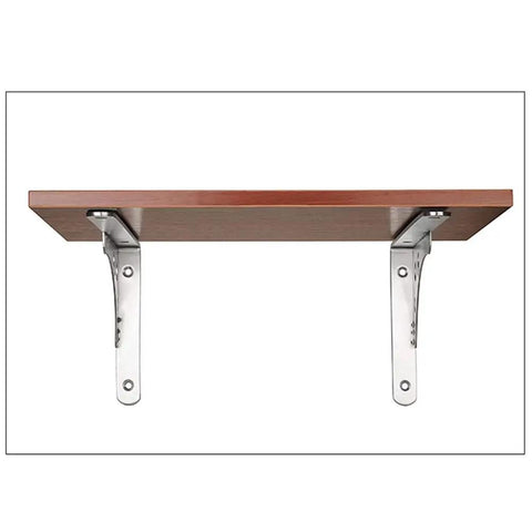 Heavy Duty Triangular Wall Bracket Stainless Steel Shelf Support with wooden shelf, used for space saving installations.