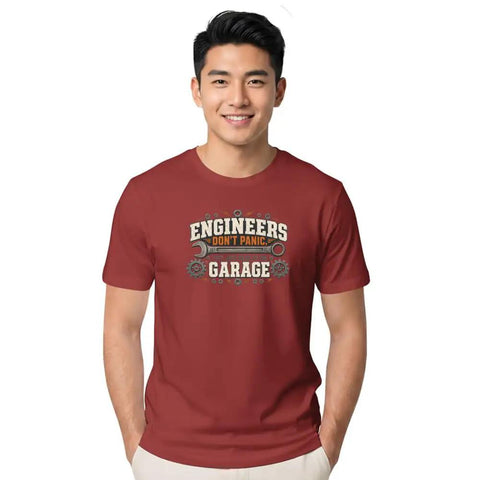 Cool Mechanical Engineer T-Shirt With Vintage Wrench And Gear Design For Hands On Technicians, Soft 100% Cotton Unisex Tee With Distressed Print And Motif Quotes Perfect For Garage Work Or Everyday Streetwear Style worn by a smiling man.