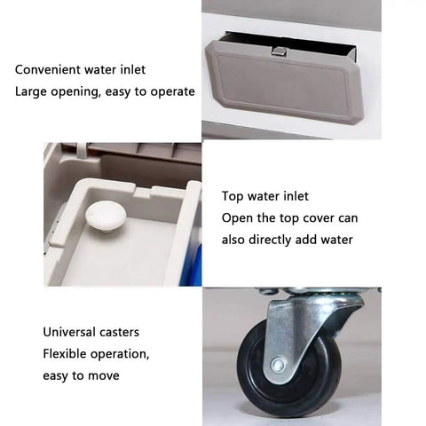 Heavy Duty Portable Evaporative Air Cooler water inlet and casters for easy movement and water filling.