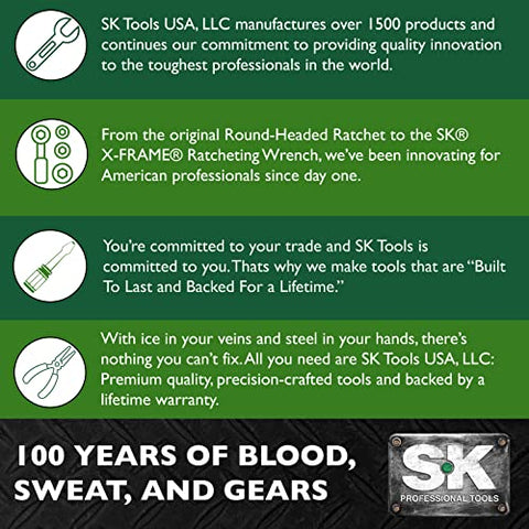Infographic highlighting SK Tools' commitment to quality innovation, product range, and lifetime warranty for professionals.