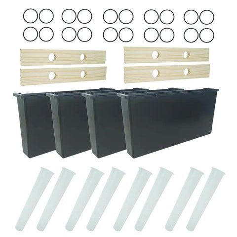 Six Point Five Liter Bee Feeder Pack for Beehives with deep frames, cedar wood pieces, and accessories for water and syrup feeding.