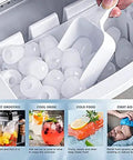 Top Shelf Portable Countertop Ice Maker Whips Up 26 Pounds Fresh Cubes Daily with ice cubes being scooped from unit.