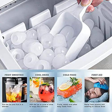 Top Shelf Portable Countertop Ice Maker Whips Up 26 Pounds Fresh Cubes Daily with ice cubes being scooped from unit.