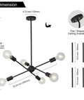 Diagram of Sputnik 8 Light Dope Vintage Industrial Ceiling Light with dimensions and ceiling adapter shown.