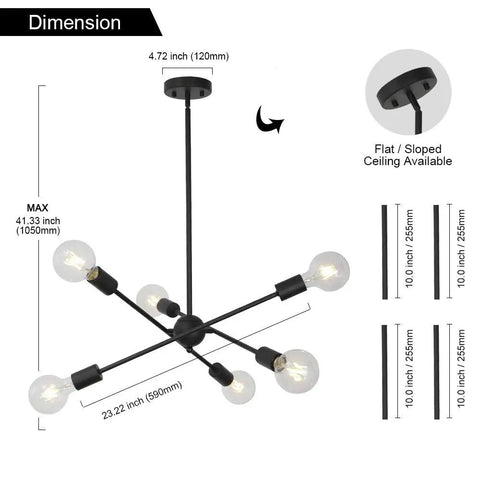 Diagram of Sputnik 8 Light Dope Vintage Industrial Ceiling Light with dimensions and ceiling adapter shown.