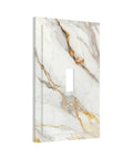 One Gang Light Switch Cover Plate White Gold Marble Wall Faceplate With Painted Screws Decorative Toggle Plate side view with marble pattern.