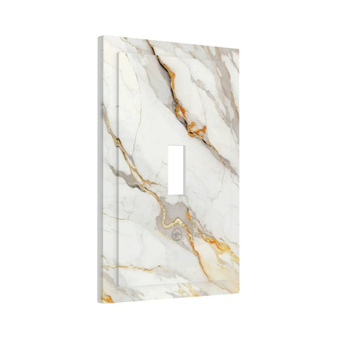 One Gang Light Switch Cover Plate White Gold Marble Wall Faceplate With Painted Screws Decorative Toggle Plate side view with marble pattern.