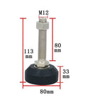 No More Dancing Tables Heavy Duty Adjustable Furniture Levelers 8 Pack M12 Threaded Base Glides 80mm rubber support pad with measurements.
