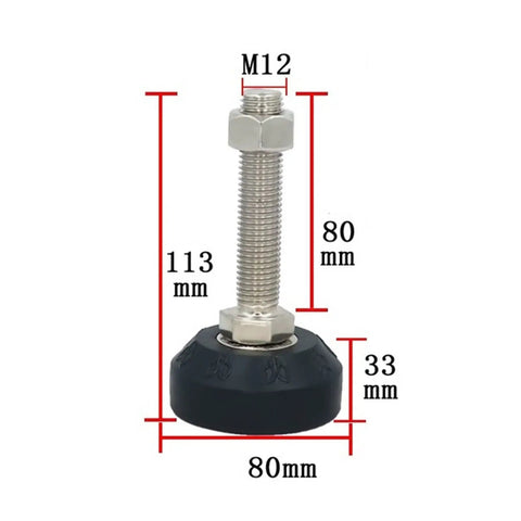 No More Dancing Tables Heavy Duty Adjustable Furniture Levelers 8 Pack M12 Threaded Base Glides 80mm rubber support pad with measurements.