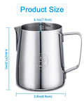 20 Oz Milk Frothing Pitcher Stainless Steel 304 Durable Espresso Steaming Jug For Latte Art Cappuccino Coffee Home Barista Use Easy Pouring Easy Clean with etched scale markers, displayed with dimensions.