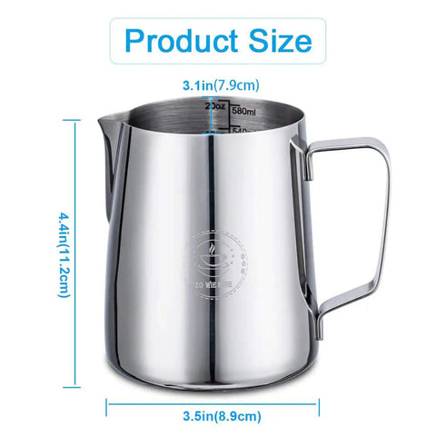 20 Oz Milk Frothing Pitcher Stainless Steel 304 Durable Espresso Steaming Jug For Latte Art Cappuccino Coffee Home Barista Use Easy Pouring Easy Clean with etched scale markers, displayed with dimensions.