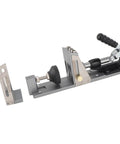 Top Tier Aluminum Alloy Pocket Hole Jig Kit With Precision Step Drill And Adjustable Depth Stop For Flawless Wood Joinery And No Fuss Weekend Diy Craftsman Work, side view of jig with clamp and depth stop.