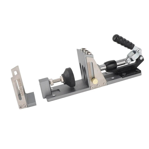 Top Tier Aluminum Alloy Pocket Hole Jig Kit With Precision Step Drill And Adjustable Depth Stop For Flawless Wood Joinery And No Fuss Weekend Diy Craftsman Work, side view of jig with clamp and depth stop.