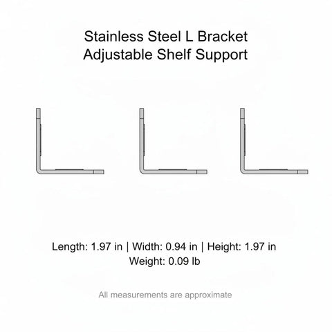 Dimensions of Stainless Steel L Bracket for Floating Shelves and Cabinets, Adjustable Wall Mount Support 3.94 X 1.97 Inch Silver 1 Pack