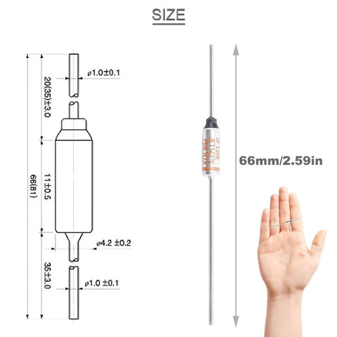 SF139E Thermal Cutoff Fuse 142 Degree Celsius Metal Thermal Fuse 10A 250V Used In Household Appliances With GT1 Crimp Terminal Silicone Fiberglass Sleeving For Safe One Shot Temperature Protection, diagram and size comparison with hand.