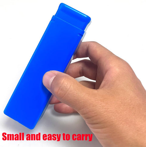 A hand holding a blue rectangular object, small and easy to carry, related to Motorcycle And Equestrian Inflatable Air Bag Vest Kit.