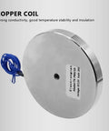 Round silver 12V electric lifting magnet (200N), 80x10mm with blue wires.