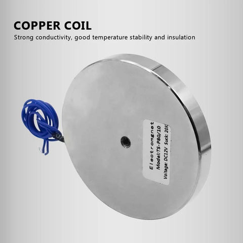 Round silver 12V electric lifting magnet (200N), 80x10mm with blue wires.