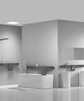 Modern bathroom showcasing a Wall-Mounted Luxury Thermostatic Shower System with Storage Rack & Towel Bar, elegant brushed grey finish.