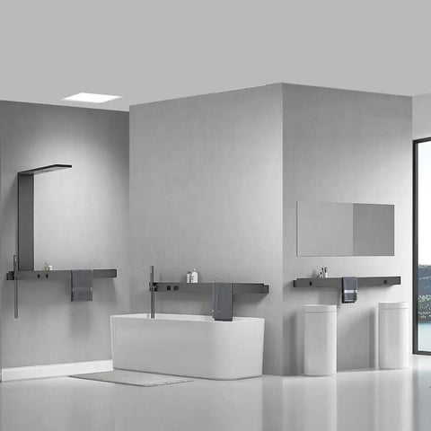 Modern bathroom showcasing a Wall-Mounted Luxury Thermostatic Shower System with Storage Rack & Towel Bar, elegant brushed grey finish.
