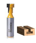 No Nonsense T Slot Router Bit For Slick T Track Cuts With Hella Durable Tungsten Carbide Tip Half Inch Shank and Diameter next to a wood piece demonstrating T-slot cut.