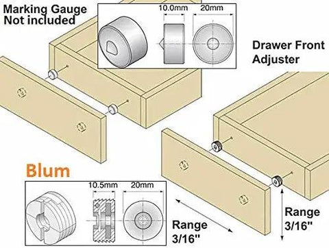 Slick Drawer Front Adjuster Set With Clear Nylon Housings And Tough Steel Nuts showing dimensions and installation details.