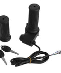 Upgrade Your Ride With This Smart LED Display Throttle Grip Pair Designed For 24-60V Ebike Systems Featuring Secure Lock-On Aluminum Clamps And Real-Time Battery Voltage Monitoring For A Safer And Smoother Electric Bike Journey No More Guessing What. Black ebike throttle grip pair with keys, cable, and lock-on handlebar grips