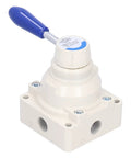 Industrial Pneumatic Rotary Lever Air Hand Valve With Compact 3 Position 4 Way Flow Control in white with blue lever.