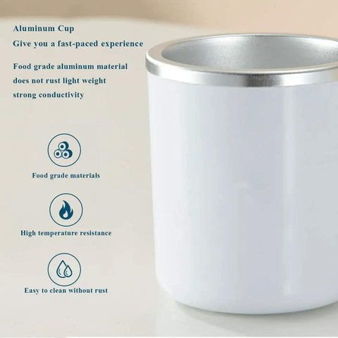 Aluminum cup showing food grade aluminum material, part of the 2 In 1 Smart Cup Electric Beverage Warmer And Cooler.