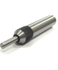 Close-up of a spring center tap guide tool, hardened steel construction, designed for lock tight alignment and smooth threading.