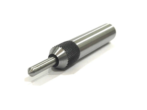 Close-up of a spring center tap guide tool, hardened steel construction, designed for lock tight alignment and smooth threading.