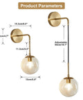 Mid Century Modern Wall Light With Adjustable Cord Raw Brass Round Glass Sconce And Amber Lampshade dimensions and design features