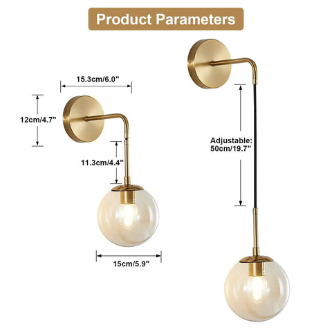 Mid Century Modern Wall Light With Adjustable Cord Raw Brass Round Glass Sconce And Amber Lampshade dimensions and design features