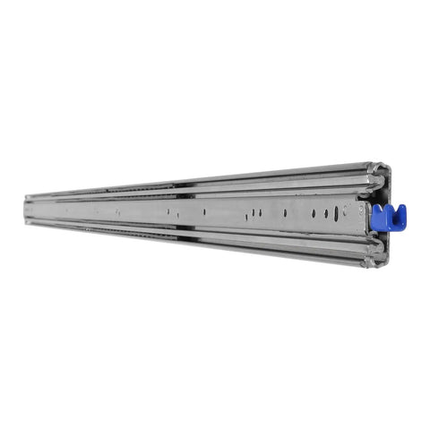 Heavy Duty Drawer Slides With Secure Locking Latch 300 Lbs Full Extension Side Mount Steel Rails, close-up of steel rail with blue latch.