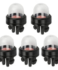 Snap In Primer Bulb Kit For 2 Cycle Small Engines Easy Install Fits Poulan Echo Ryobi BP42 Homelite Bolens Chainsaws Trimmers Blowers 125B 125BX 125BVX 530047721 503936601 5 Pack displayed with five clear plastic bulbs and black bases.
