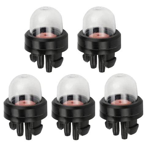 Snap In Primer Bulb Kit For 2 Cycle Small Engines Easy Install Fits Poulan Echo Ryobi BP42 Homelite Bolens Chainsaws Trimmers Blowers 125B 125BX 125BVX 530047721 503936601 5 Pack displayed with five clear plastic bulbs and black bases.