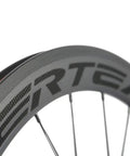 Close-up of carbon fiber road wheelset 50mm deep 23mm wide clincher 700c for Shimano 8 9 10 11 speed V brake road bikes Toray T700 construction
