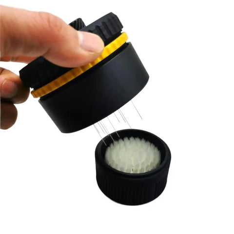 Pro Grade Espresso Wdt Tool Spinner Is A Real Clump Crushing Game Changer Smooth Planetary Gear Distributor Universal Portafilter, black and yellow, showing internal needles.