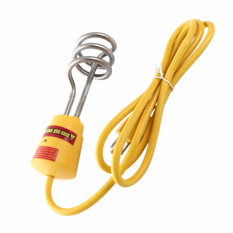 Fast As Lightning 1500W Immersion Water Heater Stainless Steel Portable Electric Kettle with yellow power cord and spiral heating element.