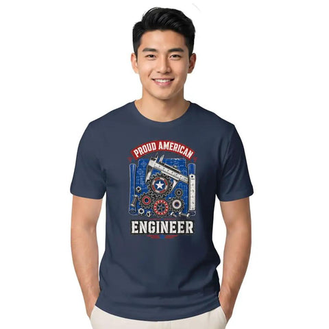Cool Mechanical Blueprint Tee For Engineers And Mechanics With Caliper Gears Art On Soft Cotton Shirt worn by man in navy color.