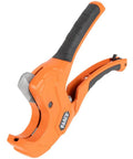 Ratcheting PVC Pipe Cutter For One Handed Use That Cuts One And A Quarter Inch ID PVC CPVC And PEX Lightweight With Soft Gripped Handles And Replaceable Blades For Fast Clean DIY Friendly Pro Level Pipe Work, side view.