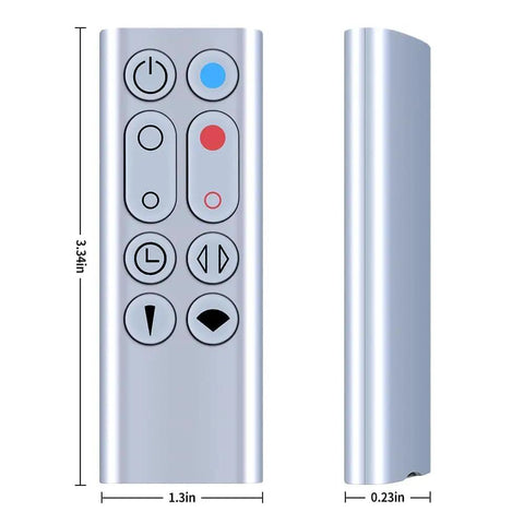 Replacement Remote For Dyson HP00 HP01 Silver Purifying Heater Fan No Fuss Plug And Play, Part 967197-13, front and side view.
