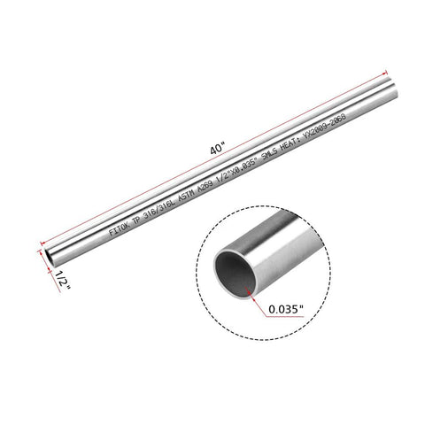 FITOK 316/316L stainless steel seamless tubing, 1/2 in OD, 0.035 in wall, 40 in length, annealed, polished.
