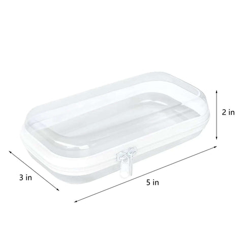 Clear Hard Shell Zipper Case For Everyday Carry And Travel Ready Getaways Solid Plastic Storage Bag measuring 5x3x2 inches.