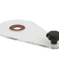 Slick Universal Offset Router Base With Clear Acrylic Build And Removable Snap Out Guide Bushing Insert For Custom Drill Patterns and No Sweat Template Routing, clear acrylic base with black knob.