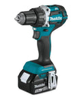 Top Shelf Compact 18V LXT Brushless Cordless Driver Drill Kit With 5Ah Lithium Battery and Dual Speed Transmission for Heavy Duty Worksites and No Sweat Operation On Every Daily Grind, showing side angle with battery.