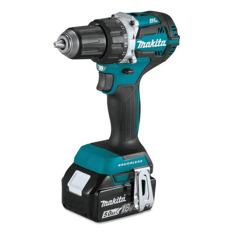 Top Shelf Compact 18V LXT Brushless Cordless Driver Drill Kit With 5Ah Lithium Battery and Dual Speed Transmission for Heavy Duty Worksites and No Sweat Operation On Every Daily Grind, showing side angle with battery.