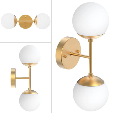 Gold Globe Wall Sconce With Two Lights, Mid Century Modern Globe Wall Light for Living Room Bedroom Hallway Restaurant Stairs and Bathroom, shown from different angles.