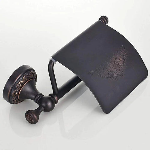 Oil Rubbed Bronze Toilet Paper Holder With Cover, brass tissue roll holder for bathroom with floral design, easy mount.