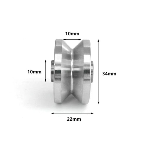 Side view of Heavy Duty V Groove Roller Bearing Pulley For Small Cranes And Fishing Systems, Stainless Steel 304, 34mm diameter.